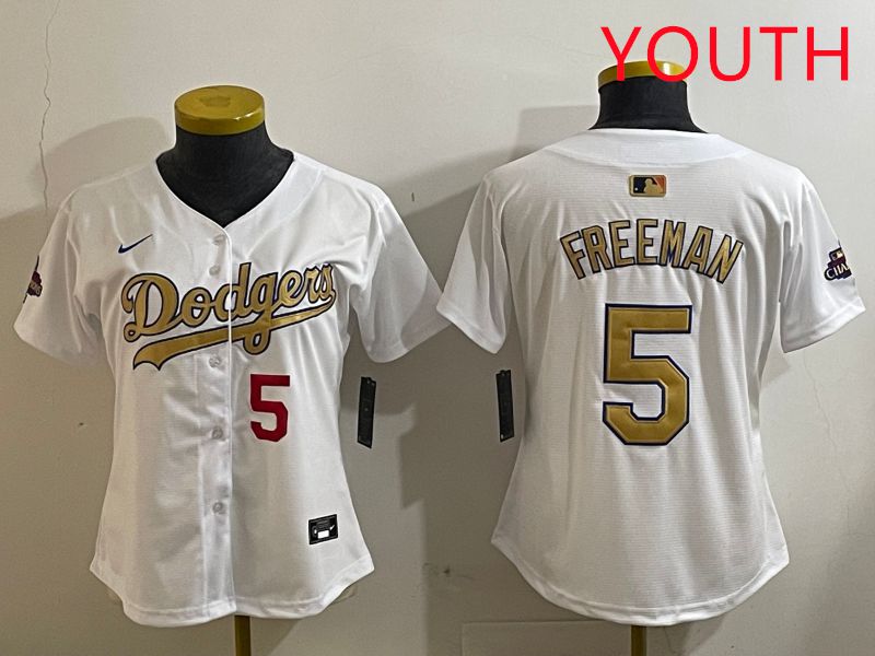 Youth Los Angeles Dodgers #5 Freeman White Champion gold character 2025 Nike MLB Jersey style 4122->youth mlb jersey->Youth Jersey